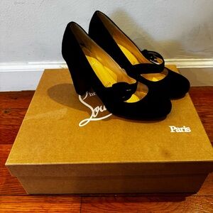 Christian Louboutin Miss Ellen black suede block heel pumps crossed buckle strap